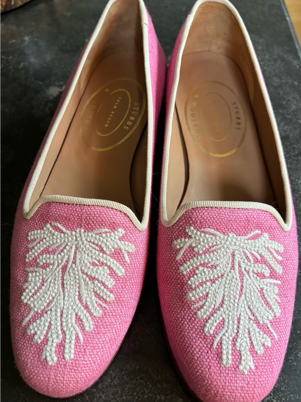 Stubbs & Wootton Pink Slip-On Loafers with Cream Embroidered Detail